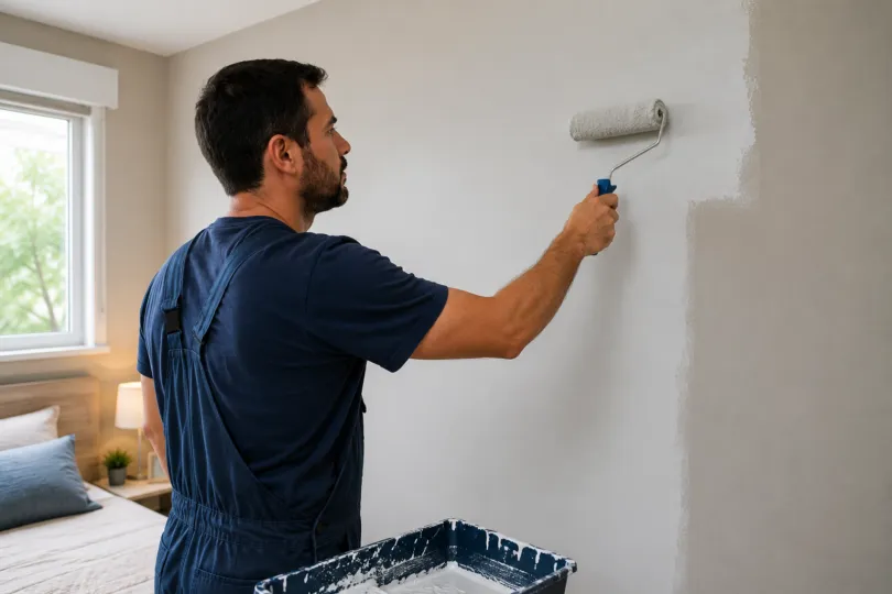 Parede de quarto sendo pintada com rolo de tinta