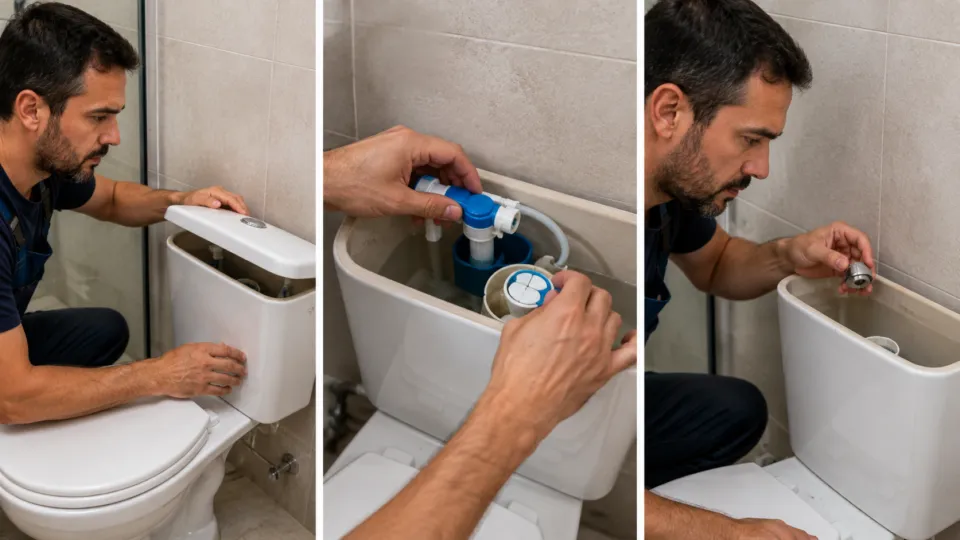 Caixa acoplada de vaso sanitário em manutenção